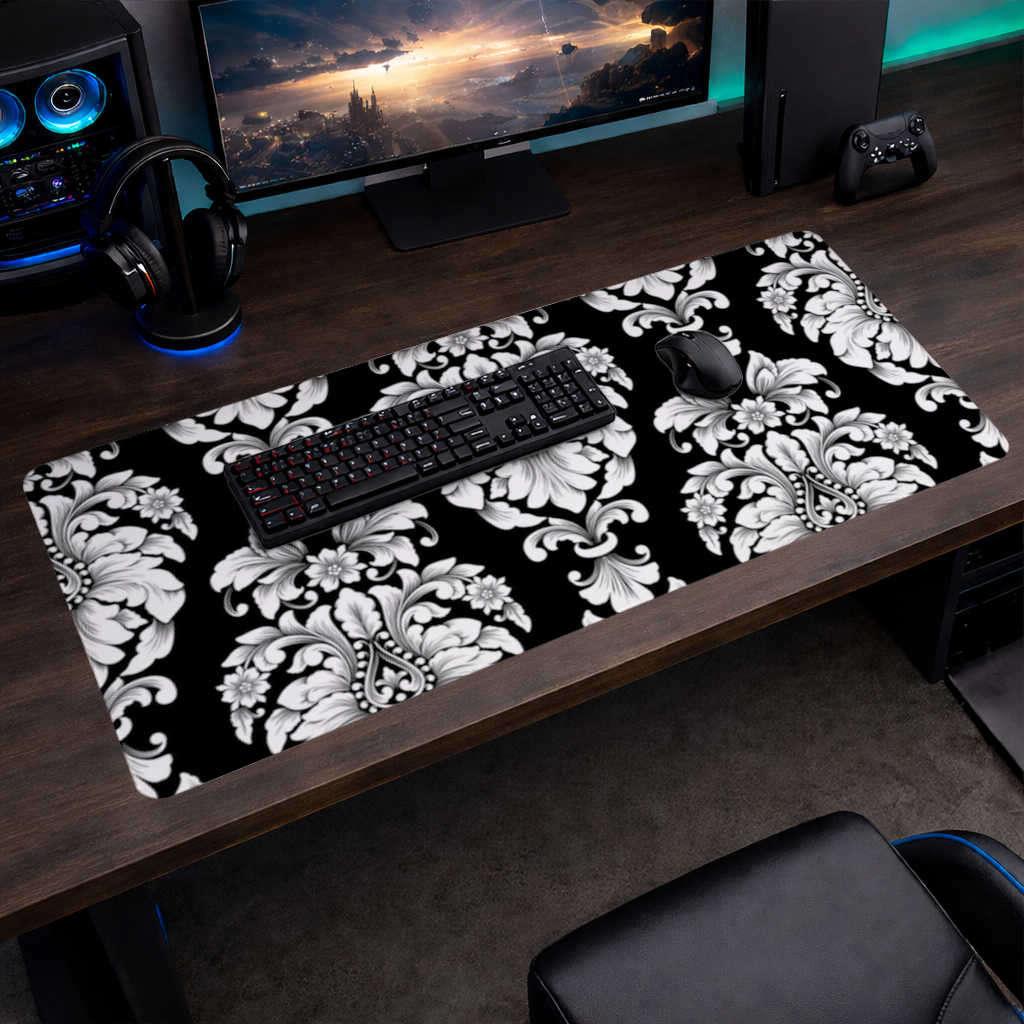 Black and White Baroque Floral Pattern Mouse Pad