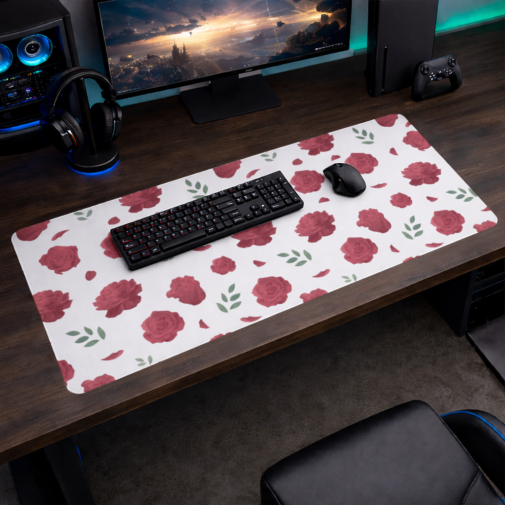 Red Rose and Leaf Romantic Seamless Pattern Mouse Pad