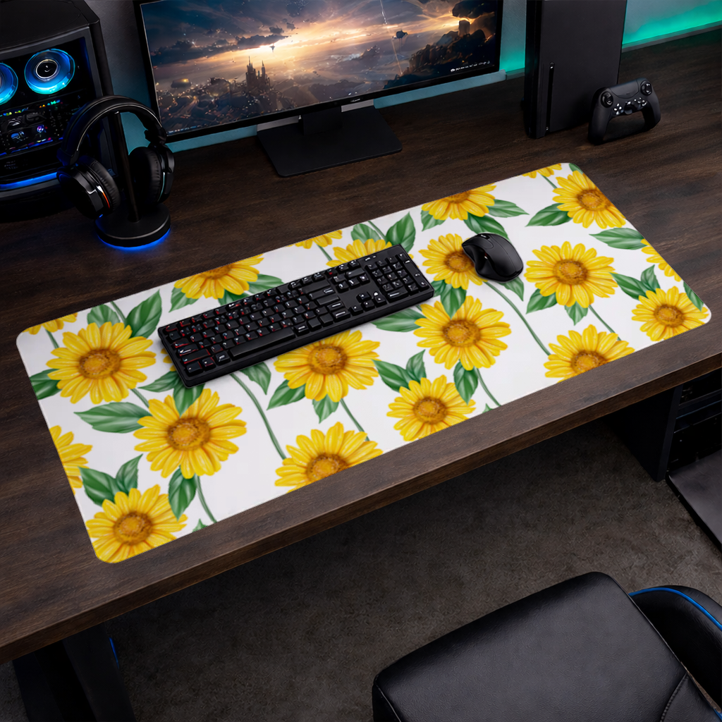 Vibrant Yellow Sunflower and Green Leaf Pattern Illustration Mouse Pad