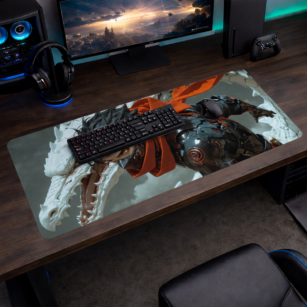 Dark Anime Warrior with Red Cloak and Dragon Mouse Pad