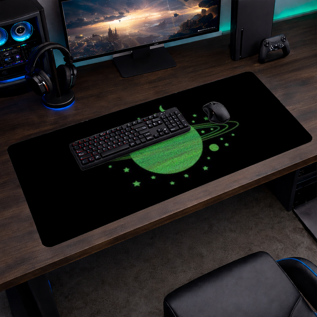 Green planets on a black background. Mouse Pad