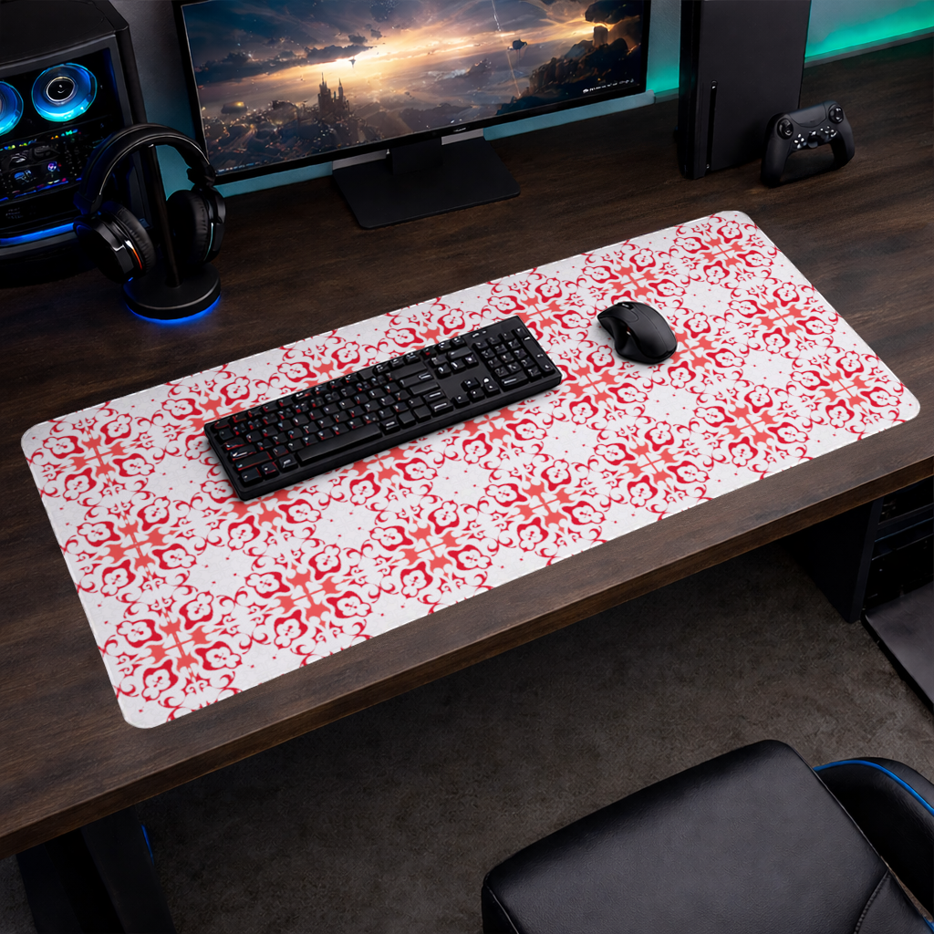 Red and White Traditional Tile Style Pattern Mouse Pad