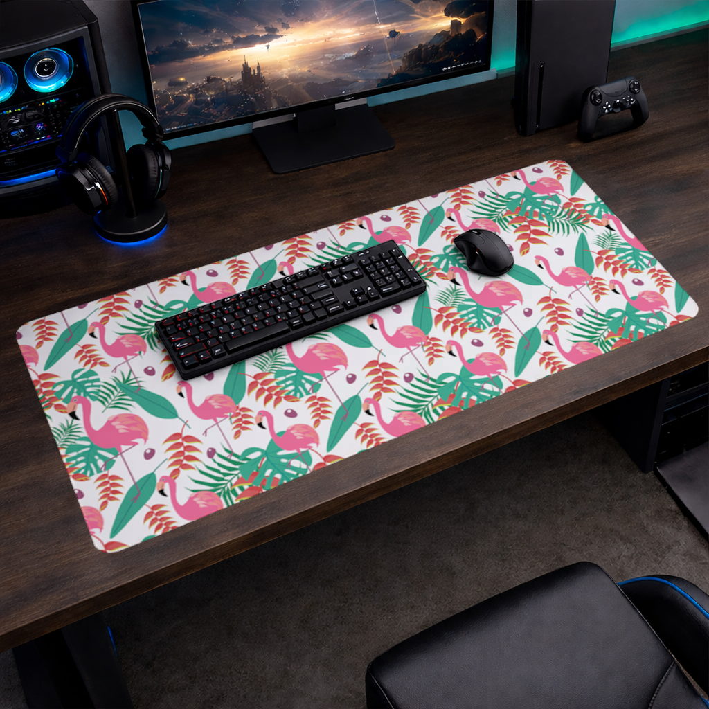Pink Flamingo Tropical Leaves Mouse Pad