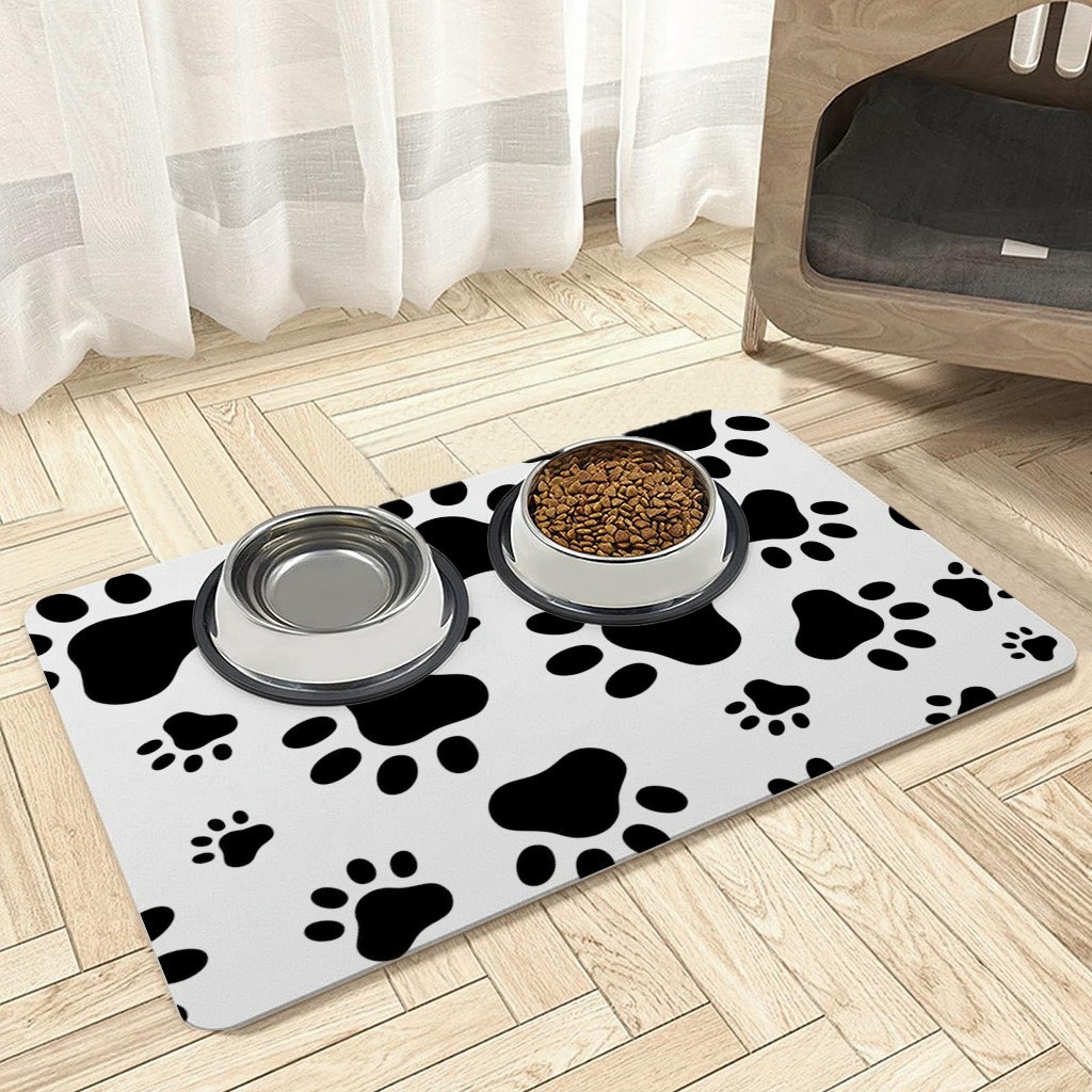 Black and White Paw Pattern Design Pet Feeding Mat