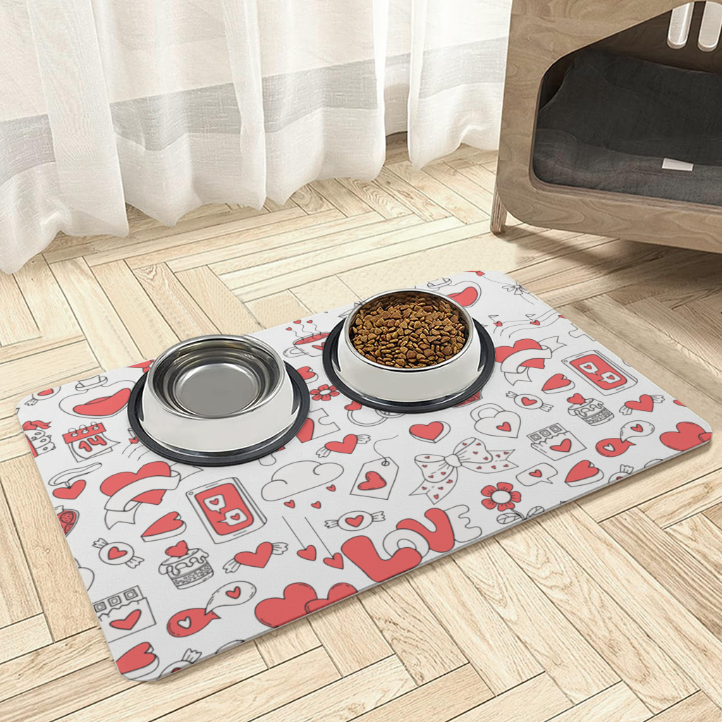 Valentines Day Doodle Love Heart Pattern Cute Design Pet Feeding Mat