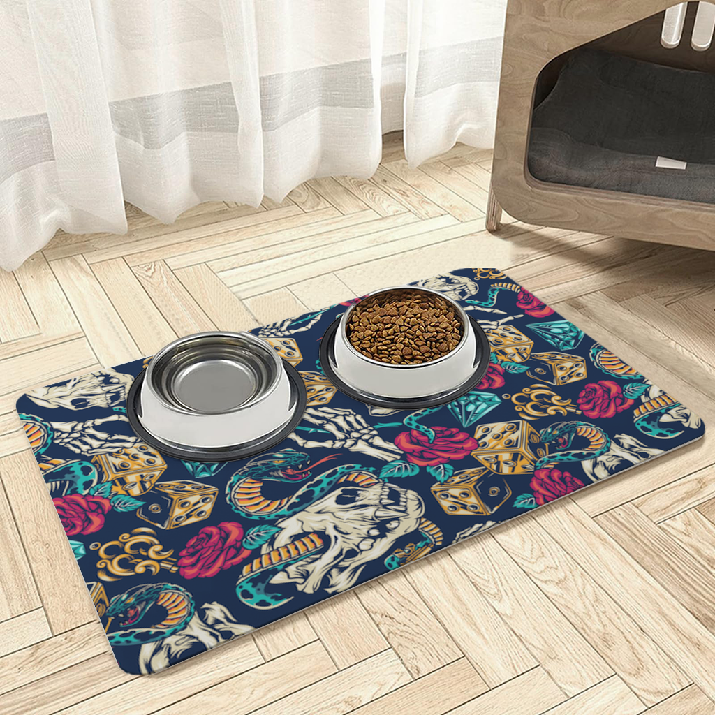 Skull Snake Dice and Roses Pattern Pet Feeding Mat