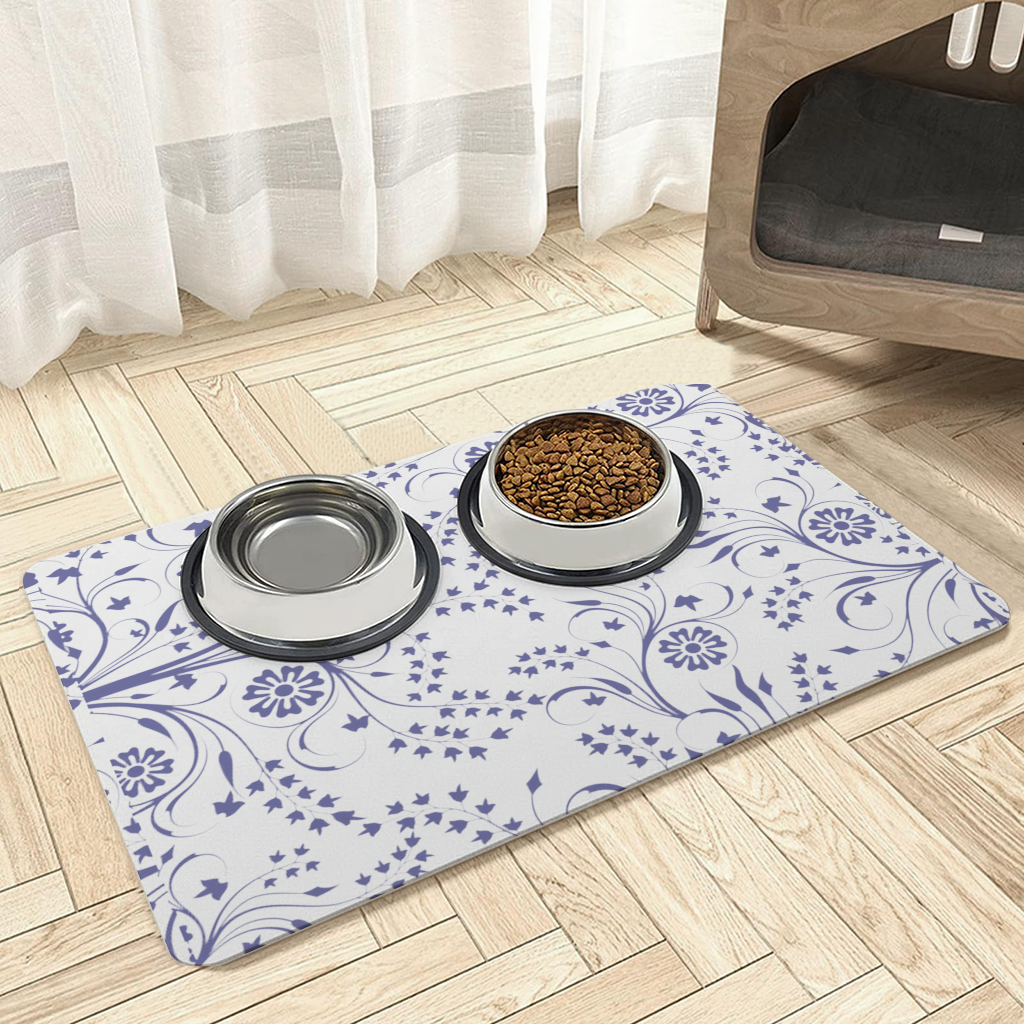 Blue White Vintage Floral Pattern Pet Feeding Mat