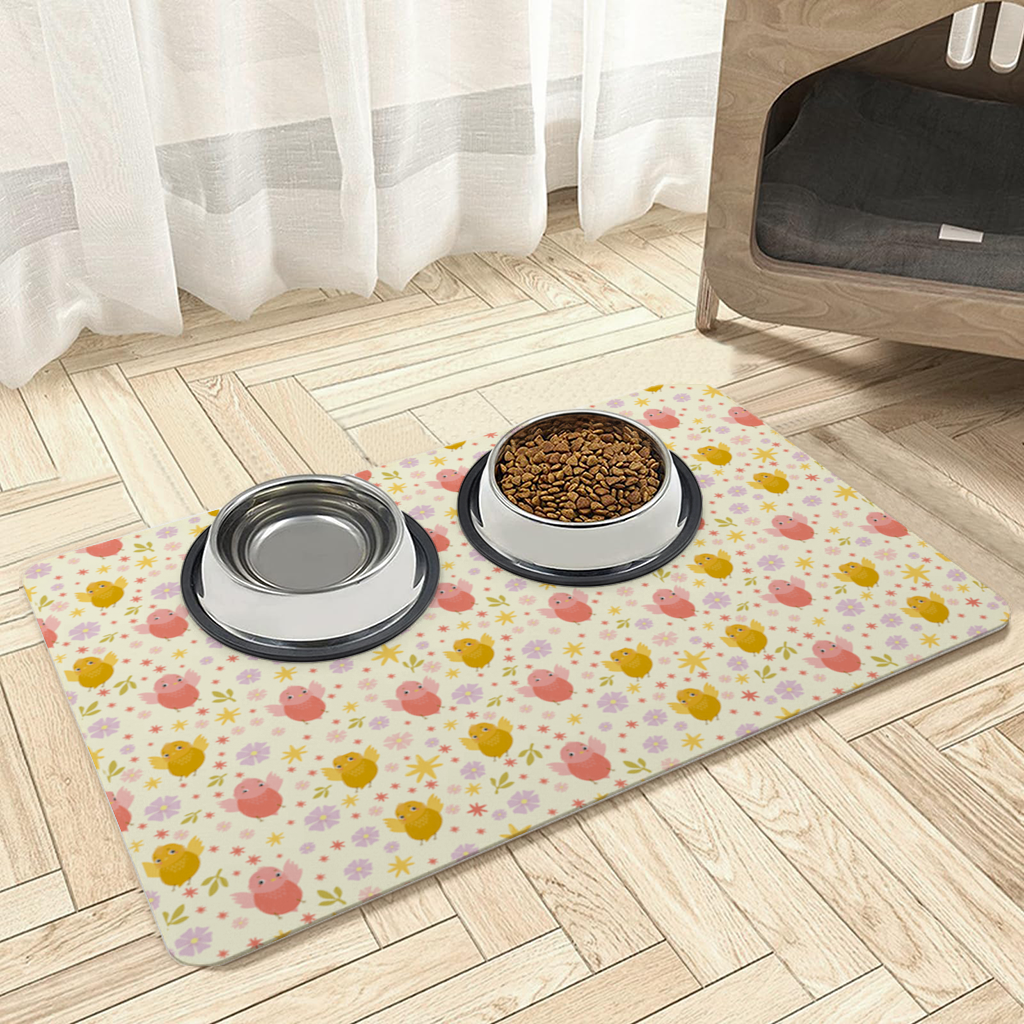 Cute Birds and Floral Pastel Spring Pattern Illustration Pet Feeding Mat
