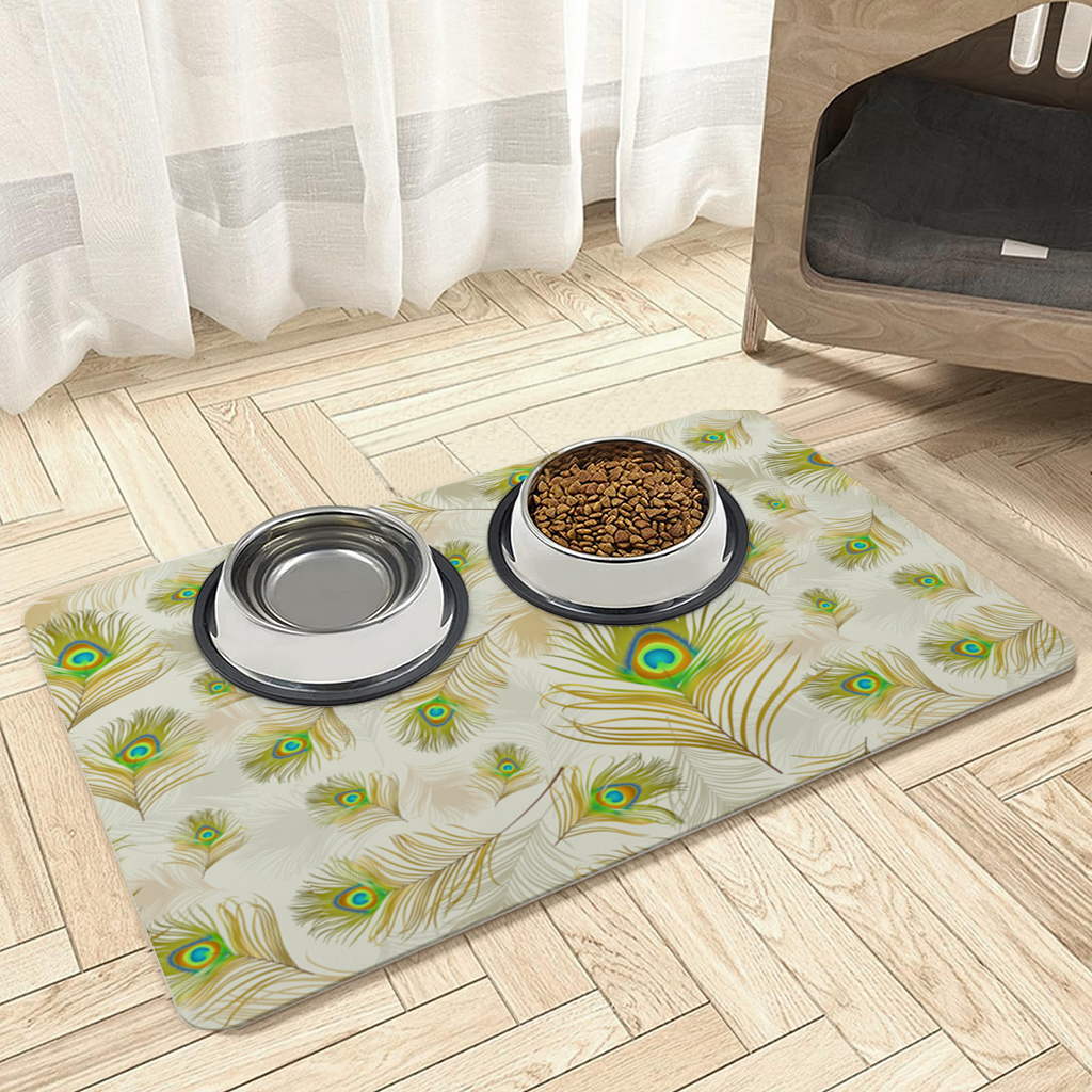Elegant Peacock Feathers and Exotic Nature Seamless Pattern Pet Feeding Mat