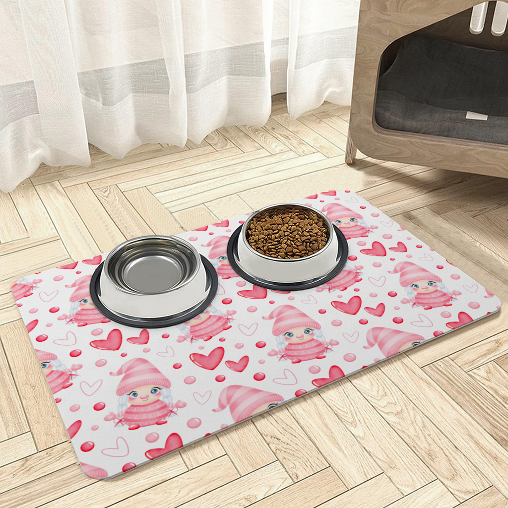 Cute Pink Baby Girl Valentines Day Heart Pattern Design Pet Feeding Mat