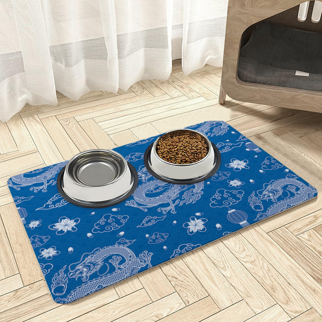 Traditional Dragon Pattern on Blue Background Pet Feeding Mat