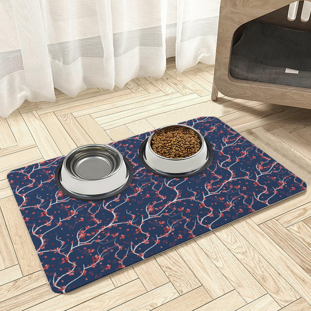 Red Floral Branch Pattern on Navy Background Pet Feeding Mat
