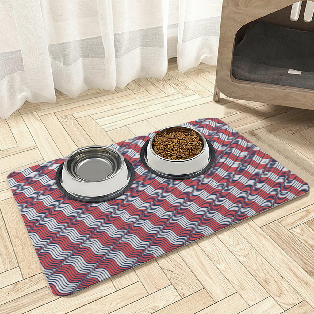 Kırmızı Lacivert Dalgalı Çizgi Deseni Evcil Hayvan Besleme Matı