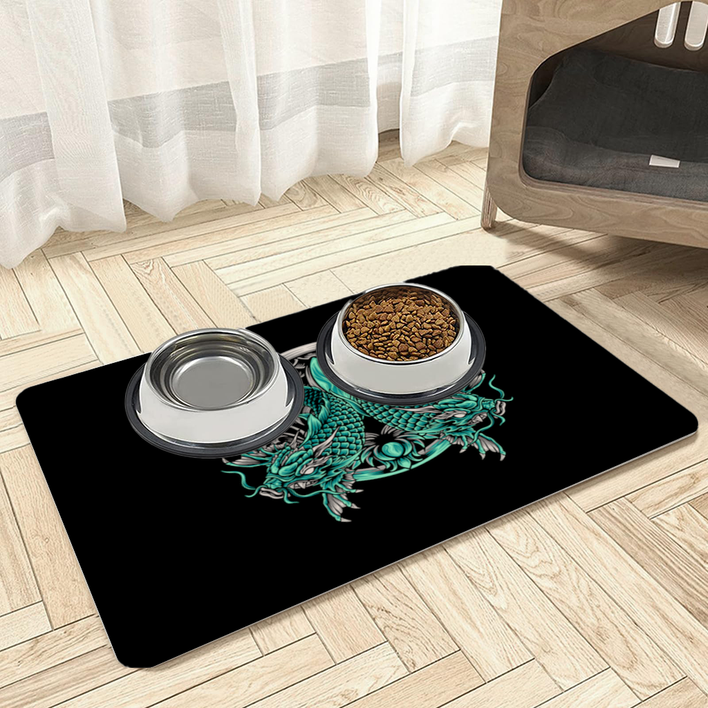 Turquoise Twin Dragon Emblem Design Pet Feeding Mat