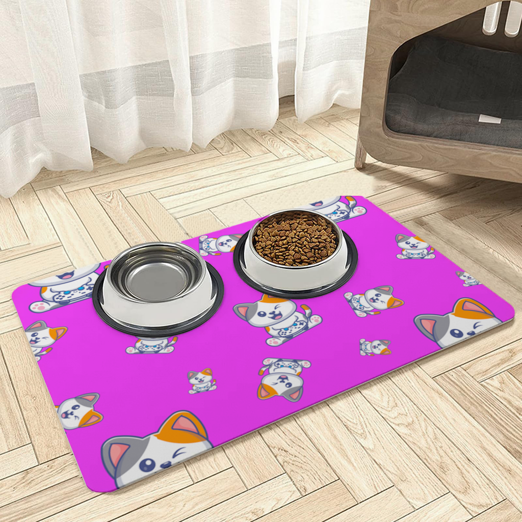 Cute Cartoon Cat Pattern on Pink Background Pet Feeding Mat