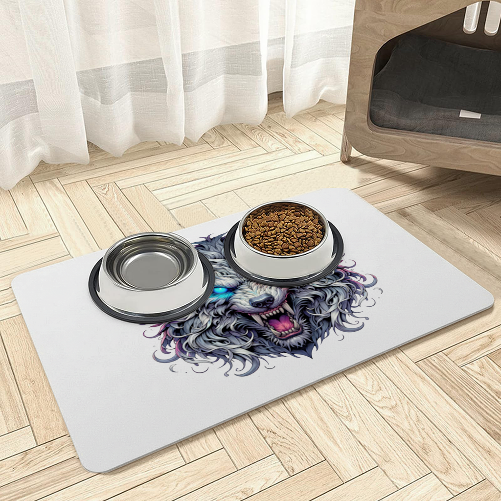 Fierce Wolf Head Illustration Heterochromia Eyes, Savage Wolf Pet Feeding Mat
