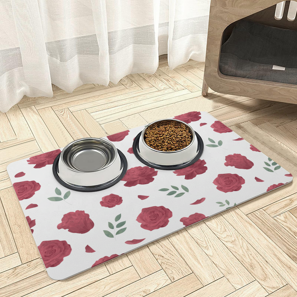Red Rose and Leaf Romantic Seamless Pattern Pet Feeding Mat