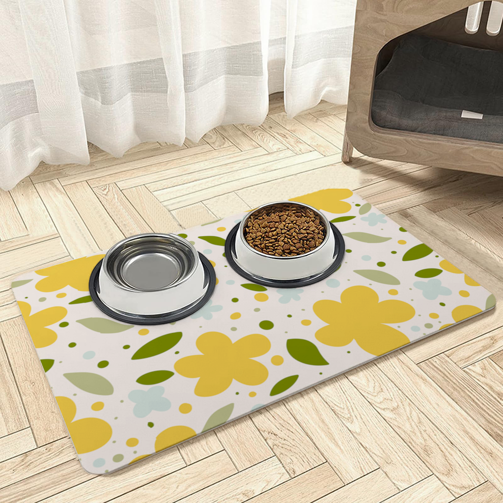 Yellow Floral and Leaf Boho Seamless Pattern Pet Feeding Mat
