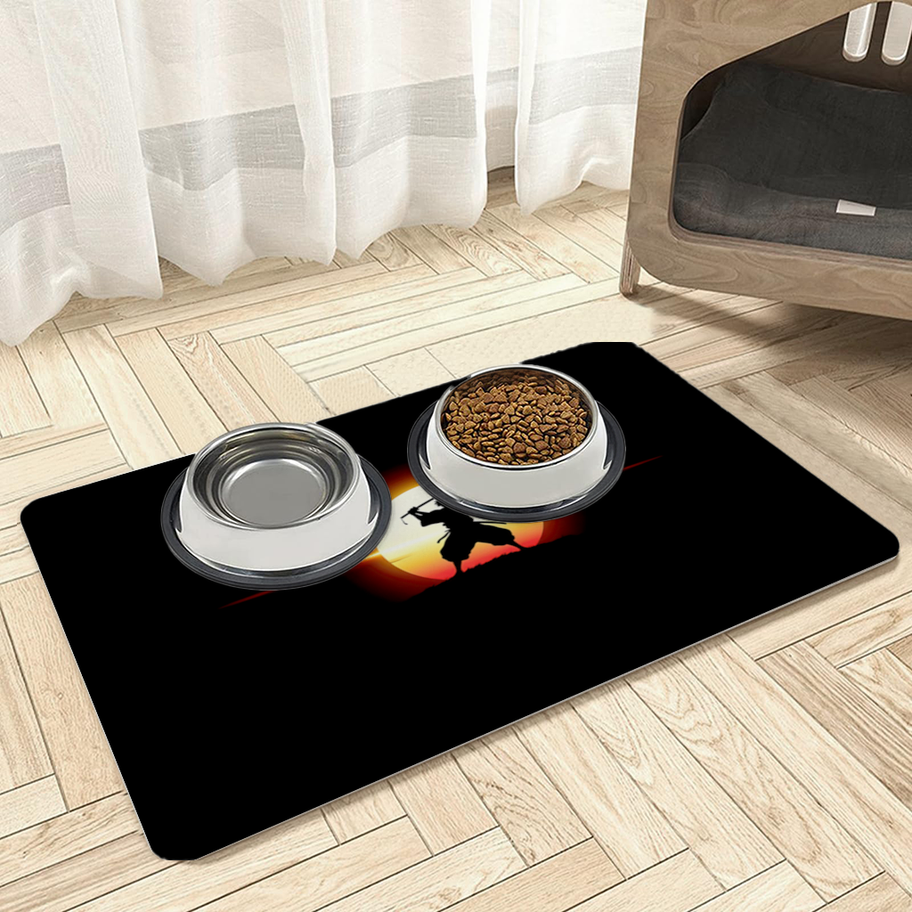 Samurai Silhouette Under the Rising Sun Honor and Strength Pet Feeding Mat