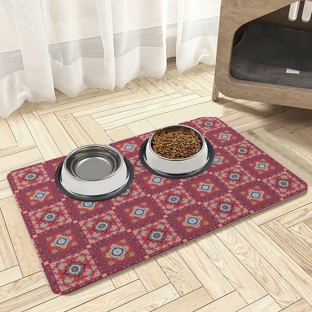 Traditional Kilim Inspired Red Ethnic Geometric Pattern Pet Feeding Mat