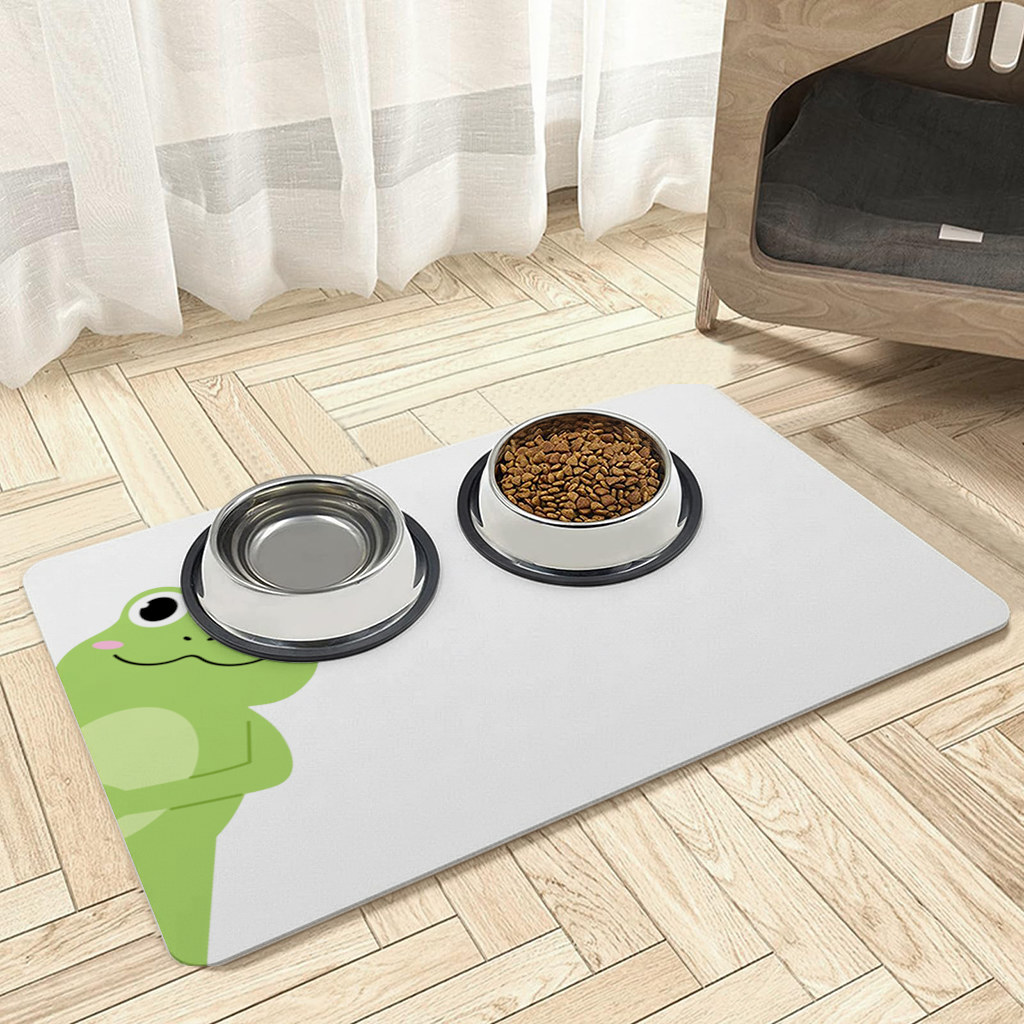 Cute Green Frog Peek-a-Boo Illustration Pet Feeding Mat