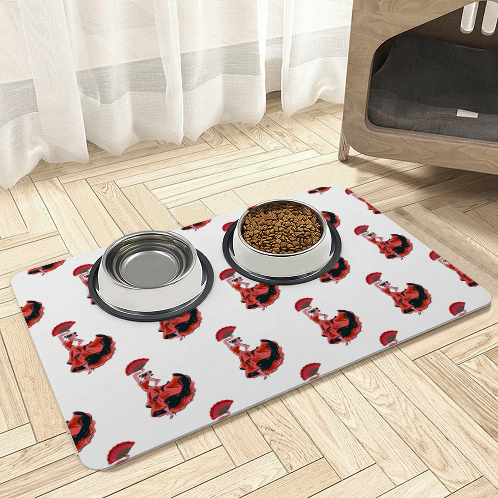 Flamenco Dancer with Fan Illustration Pet Feeding Mat
