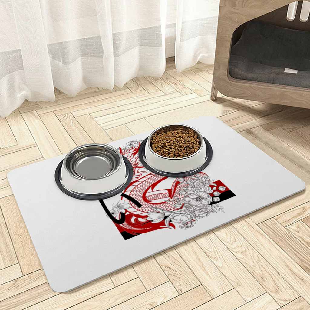 Japanese Dragon with Floral Design Pet Feeding Mat