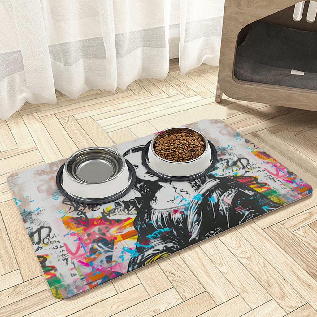 Graffiti Style Modern Mona Lisa Illustration Pet Feeding Mat