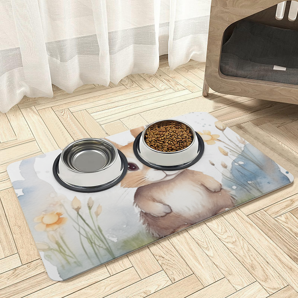 Cute Bunny Watercolor Illustration Pet Feeding Mat
