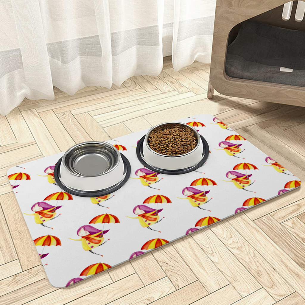 Cheerful Girl with Umbrella Pet Feeding Mat