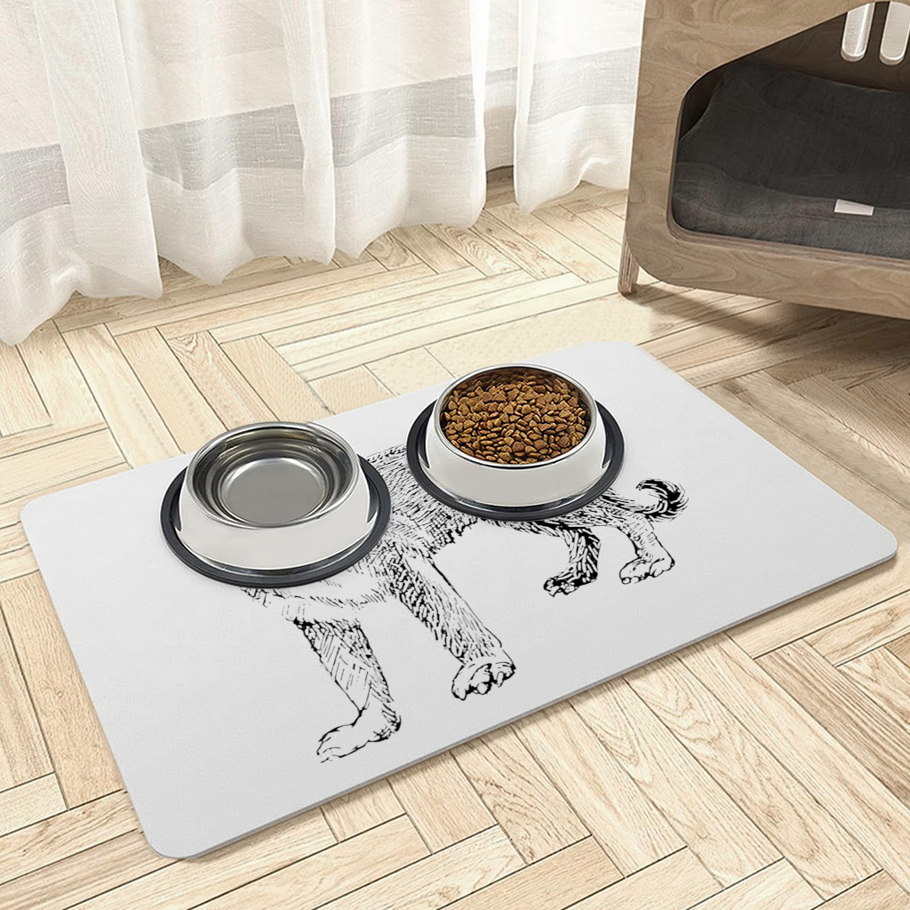 Black and White Wild Cat Sketch Illustration Pet Feeding Mat