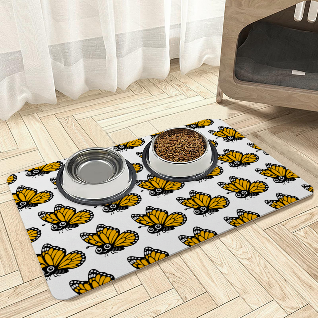 Smiling Orange Monarch Butterfly Character Pet Feeding Mat