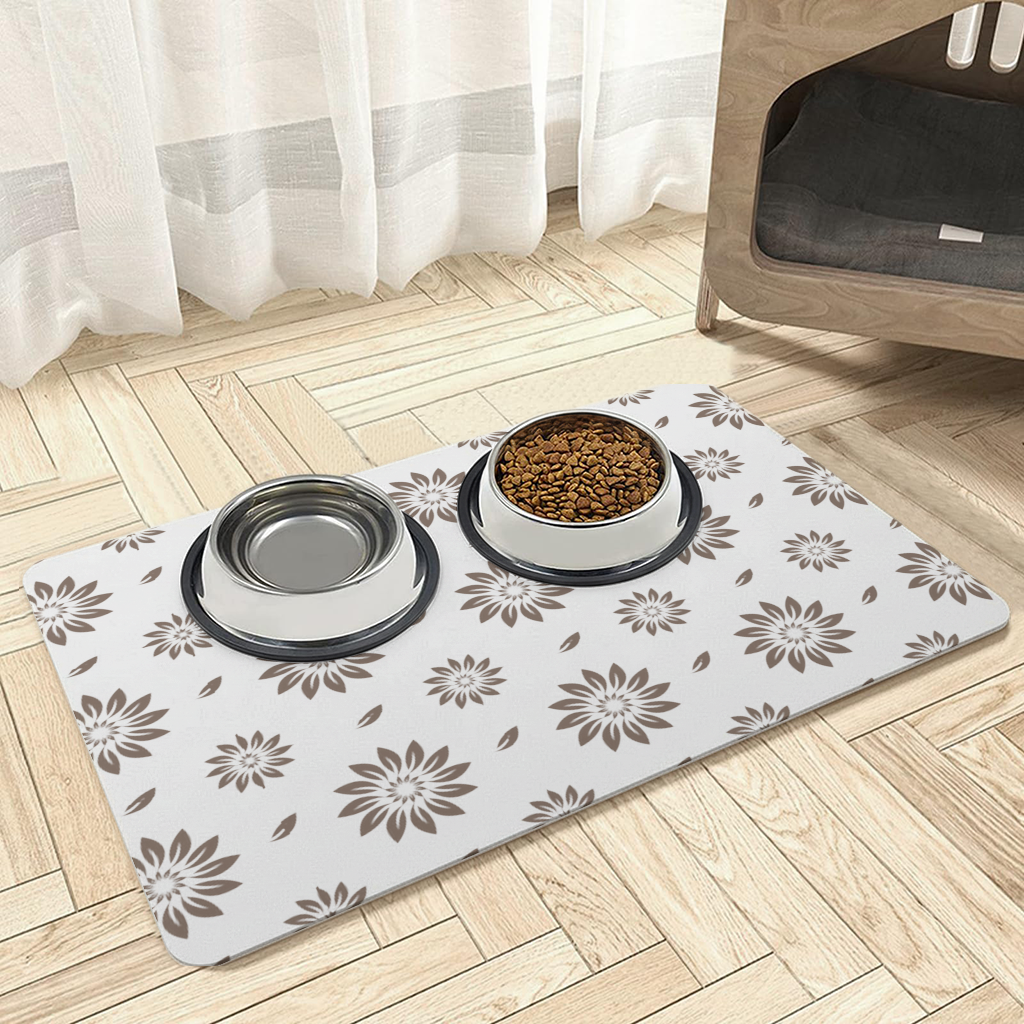 Minimalist Modern Brown Floral Pattern Pet Feeding Mat