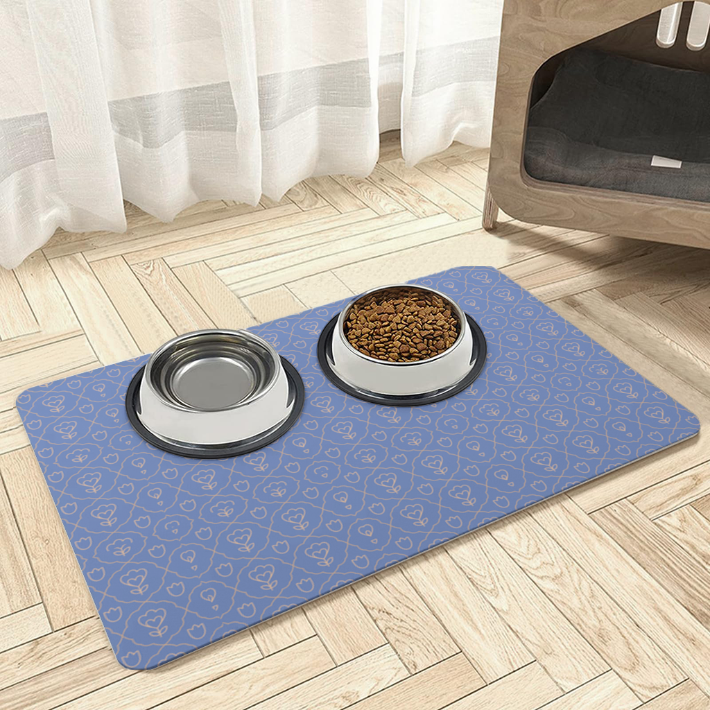 Orange Linear Floral Pattern on Blue Pet Feeding Mat
