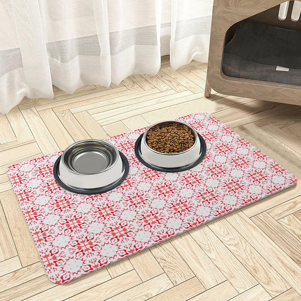Red and White Traditional Tile Style Pattern Pet Feeding Mat