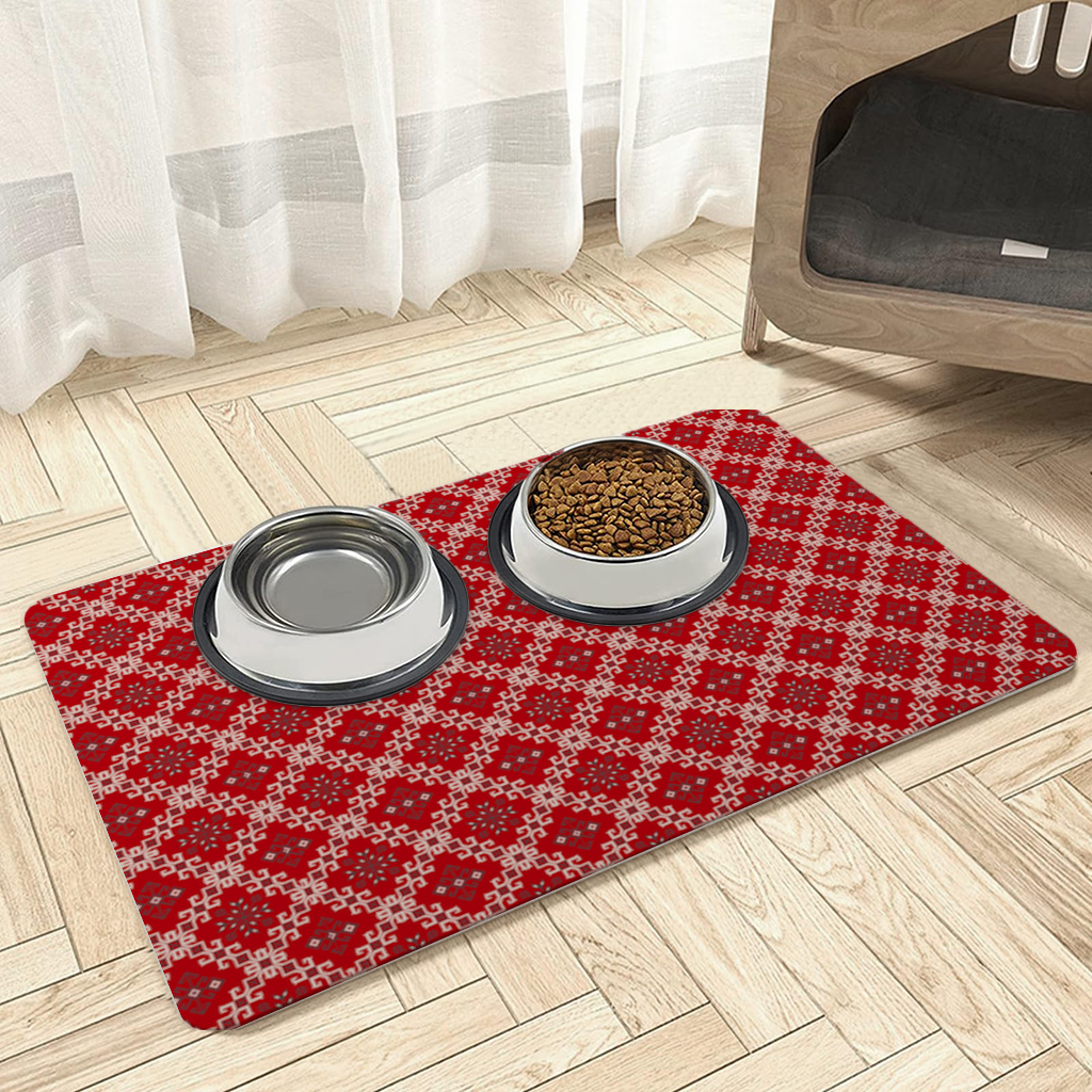 Red Ethnic Embroidery Pattern Pet Feeding Mat