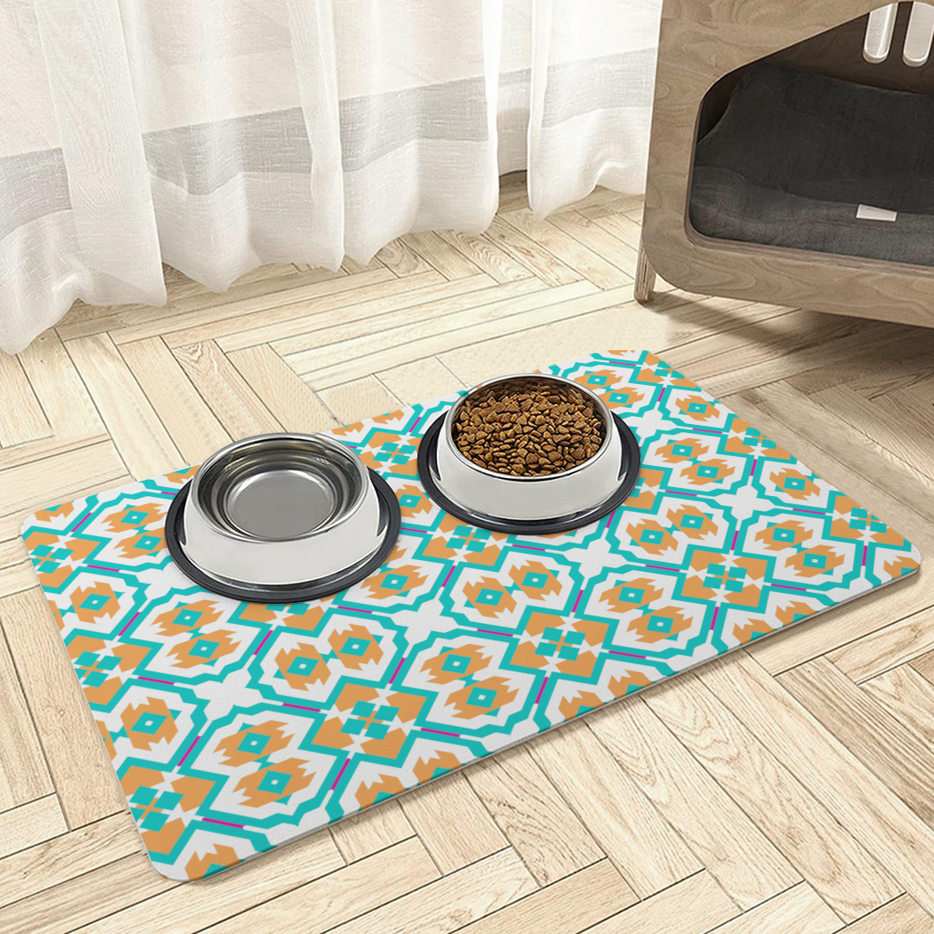 Orange and Turquoise Geometric Pattern Pet Feeding Mat