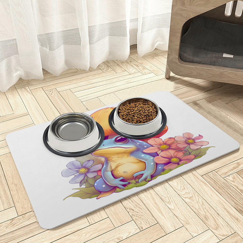 Blue Frog Resting Under Orange Mushroom Pet Feeding Mat