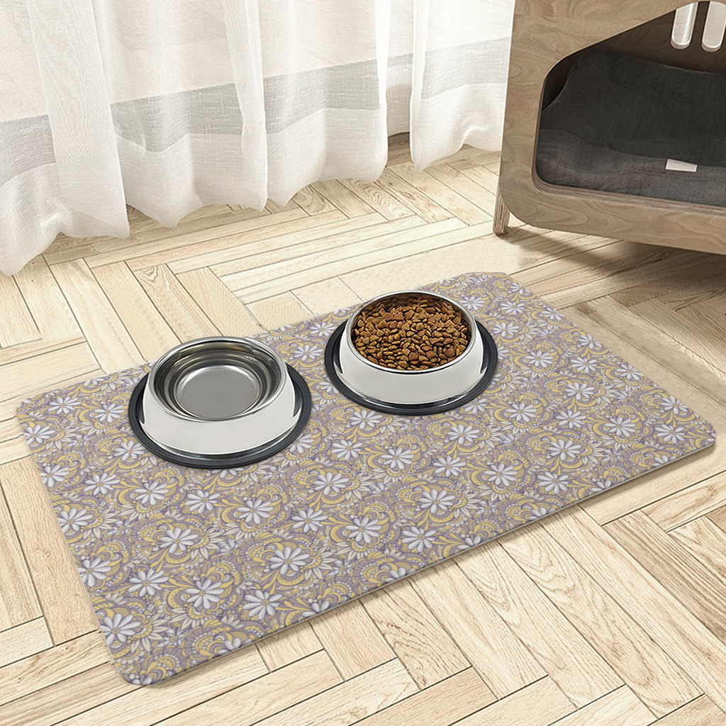 Retro Floral Doodle and Mandala Pattern Pet Feeding Mat
