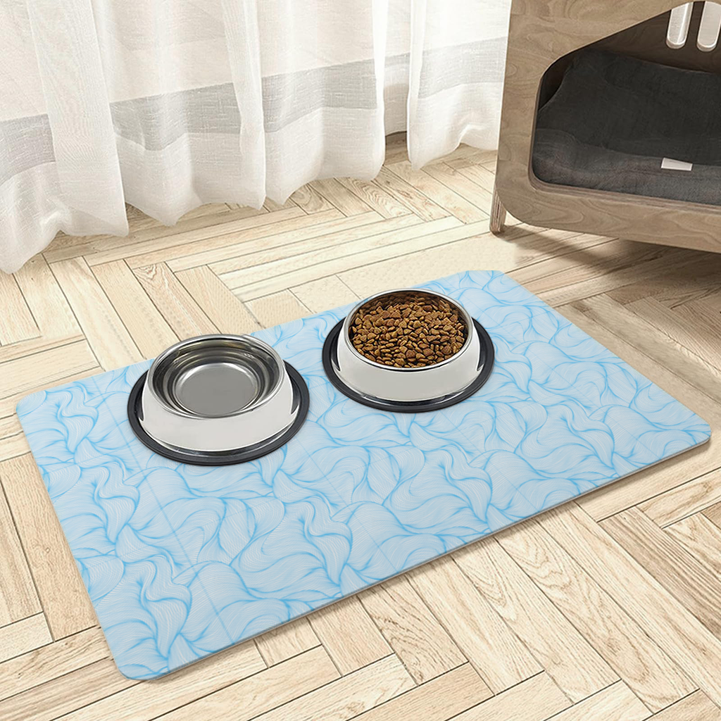 Blue Wavy Linear Abstract Pattern Pet Feeding Mat