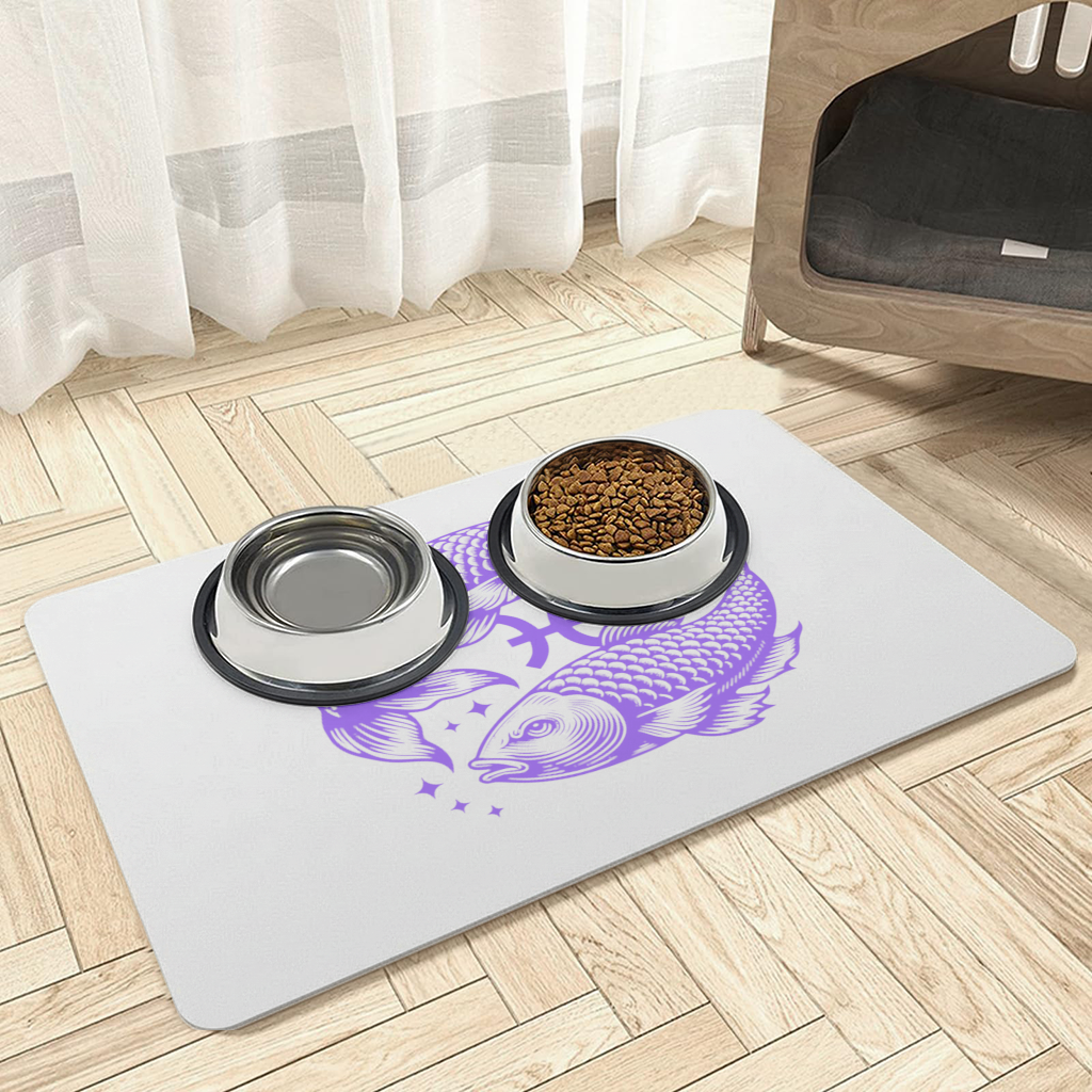 Pisces Zodiac Symbol with Purple Fish Art Pet Feeding Mat