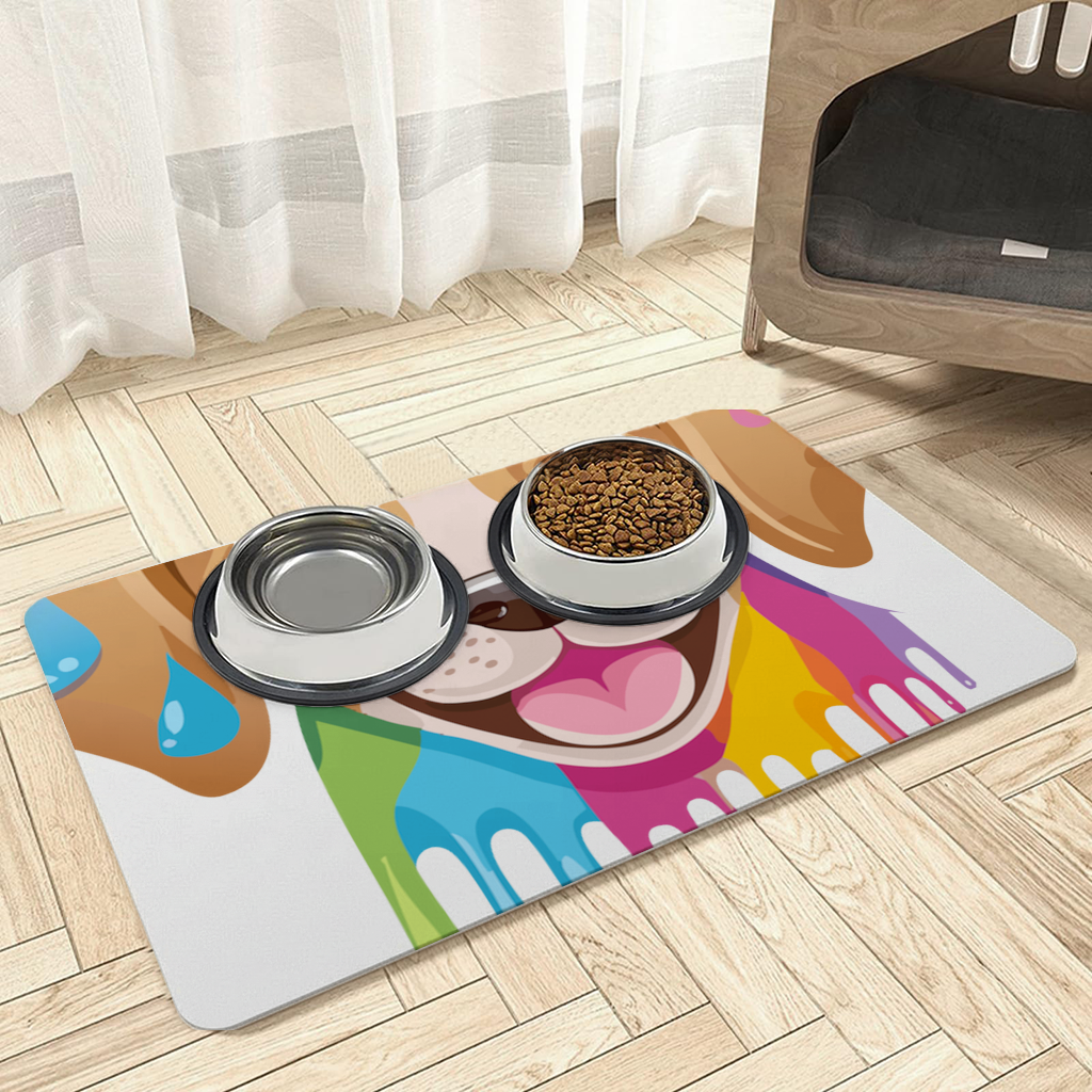 Happy Dog with Colorful Paint Drips Pet Feeding Mat