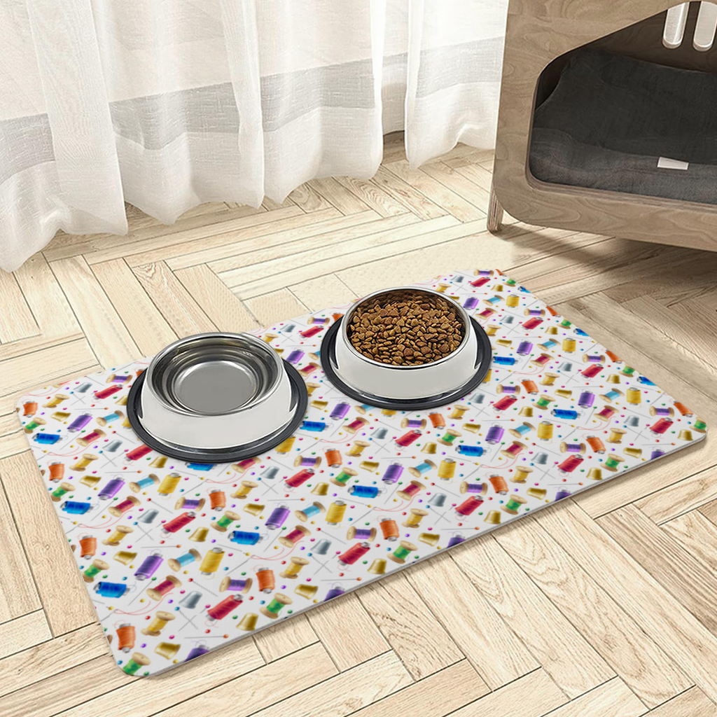 Colorful Thread Spools and Sewing Tools Pattern Pet Feeding Mat