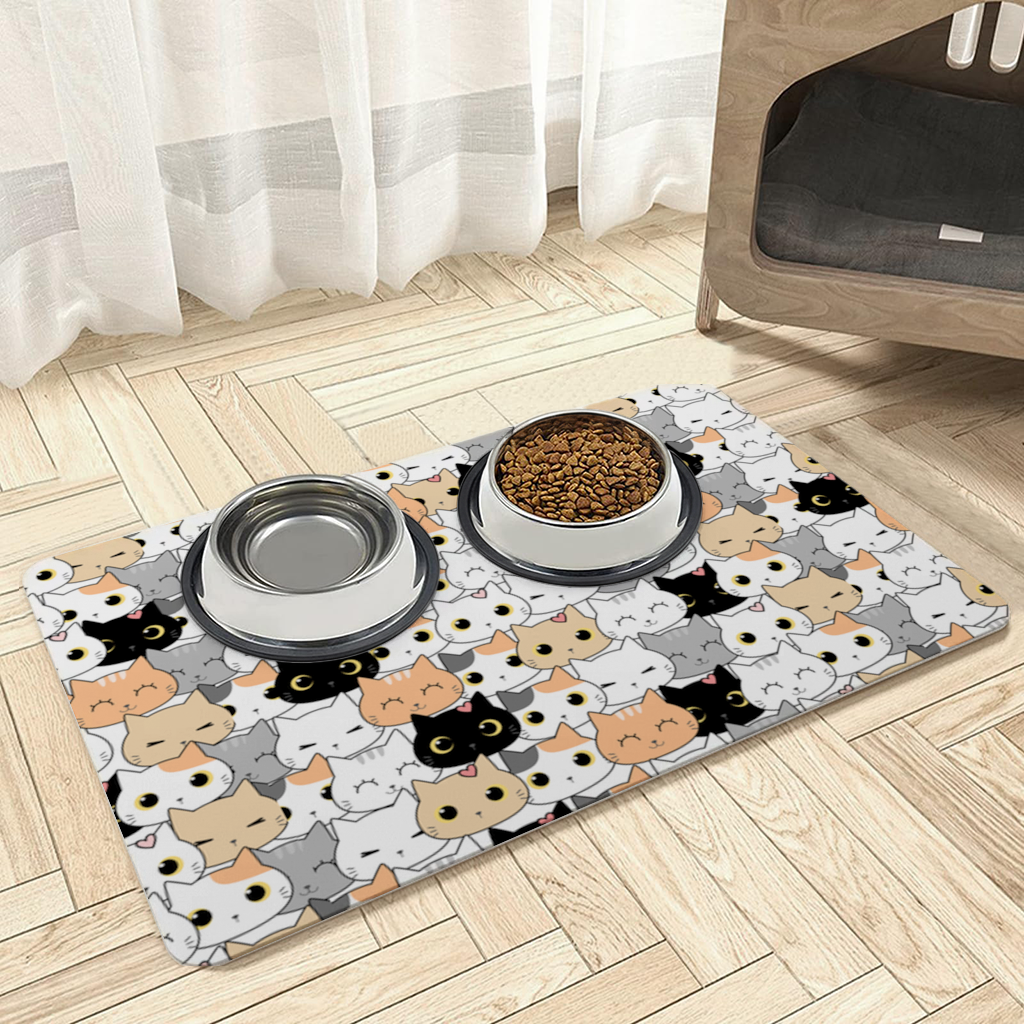Colorful Cute Cat Faces Seamless Pattern Pet Feeding Mat