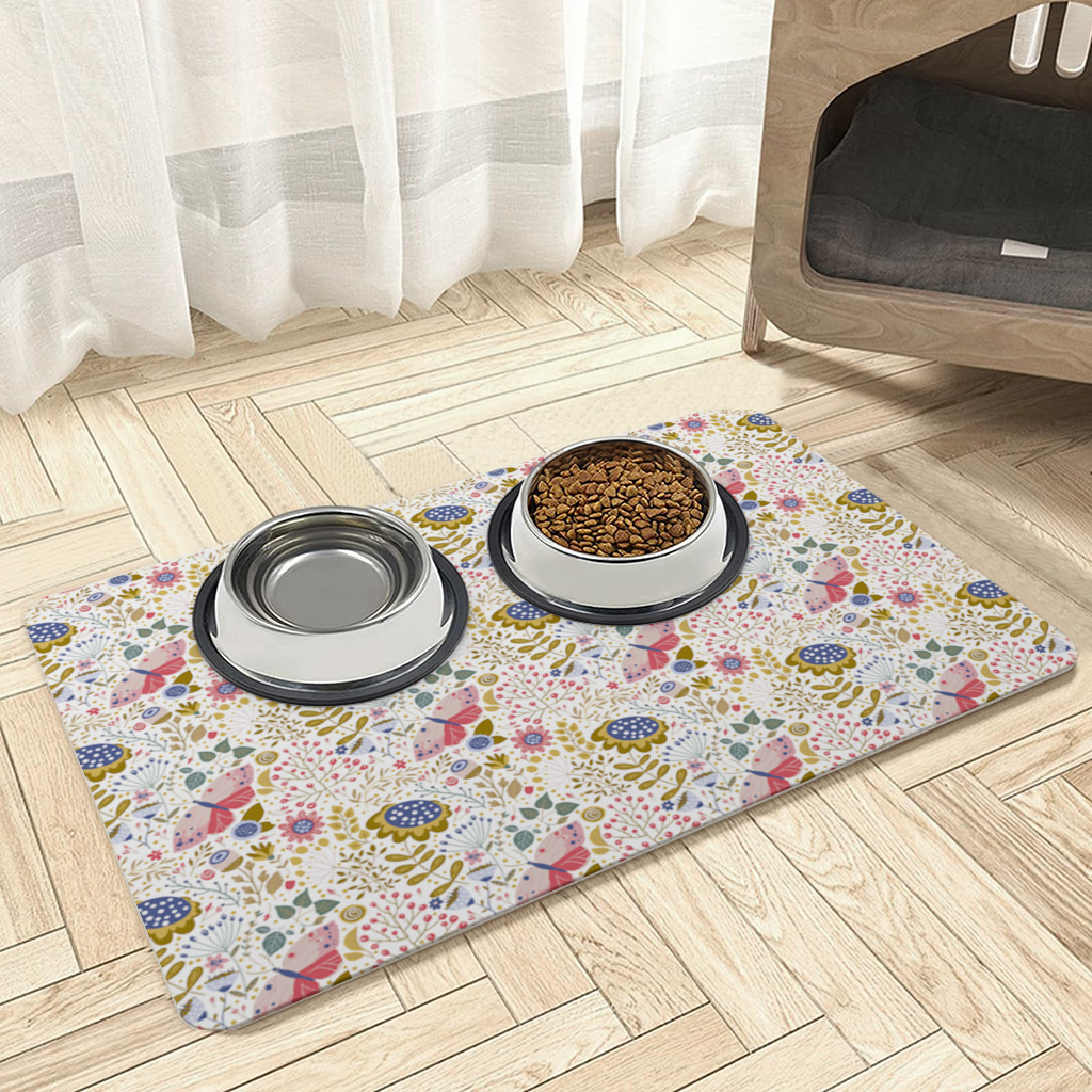 Folk Art Floral and Butterfly Pattern Pet Feeding Mat