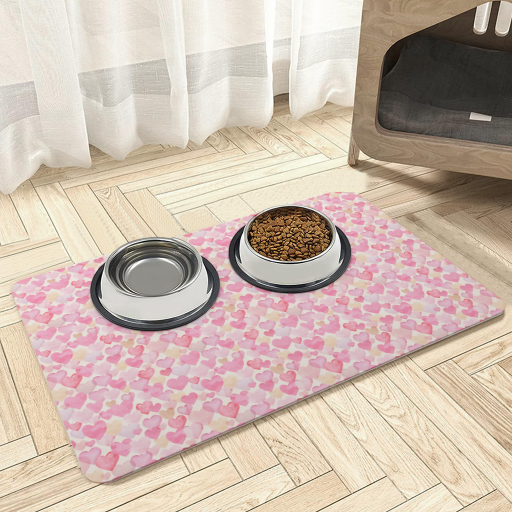 Watercolor Pink Hearts Pet Feeding Mat