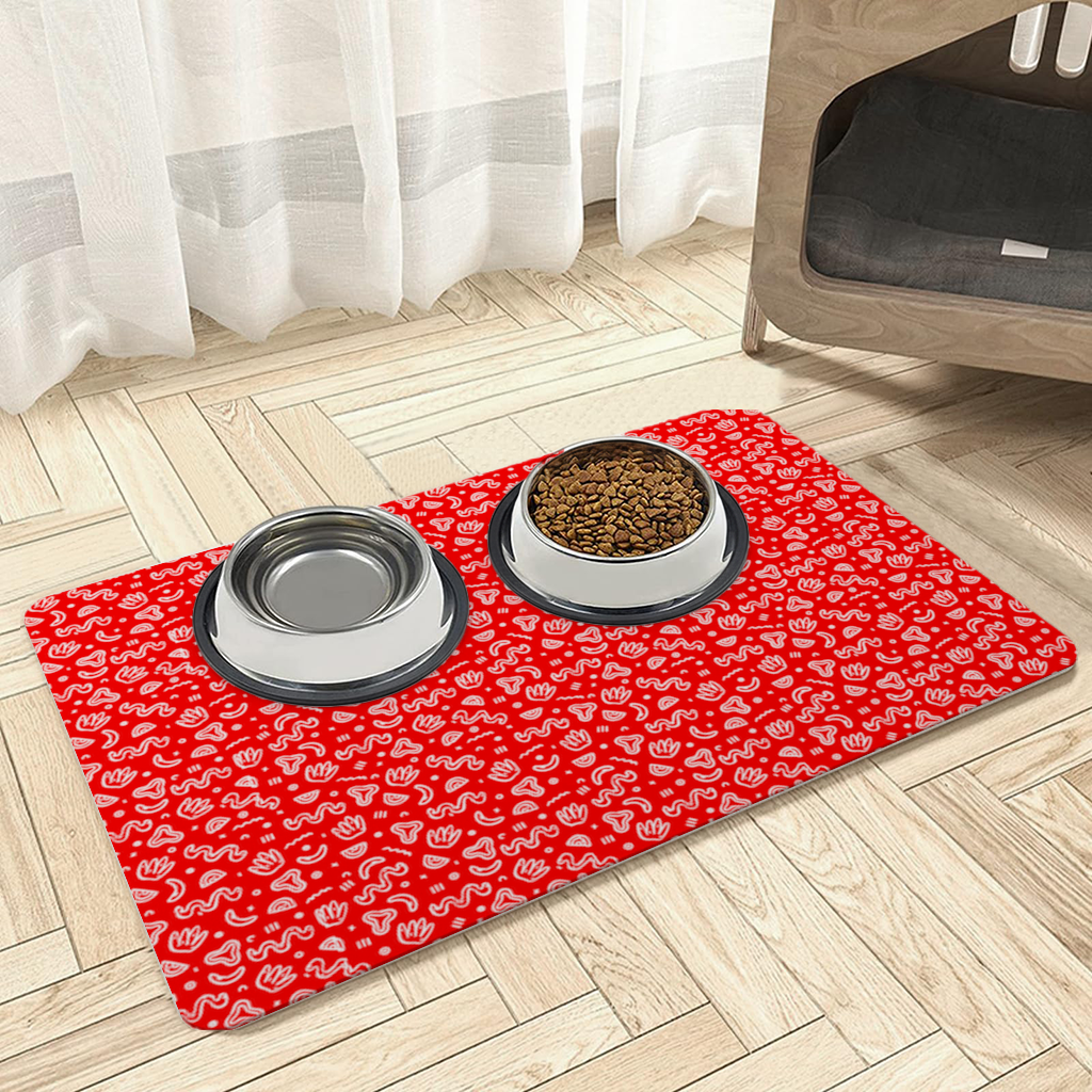 Red Abstract Doodle Pet Feeding Mat