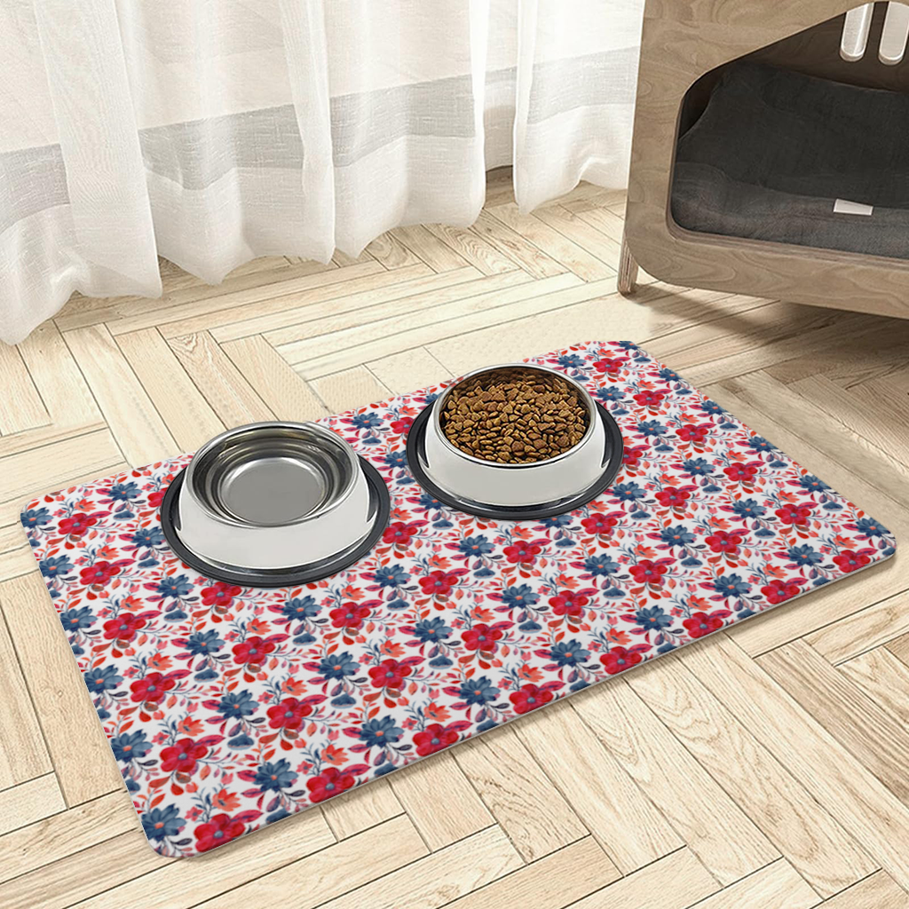 Watercolor Red Navy Floral Pet Feeding Mat