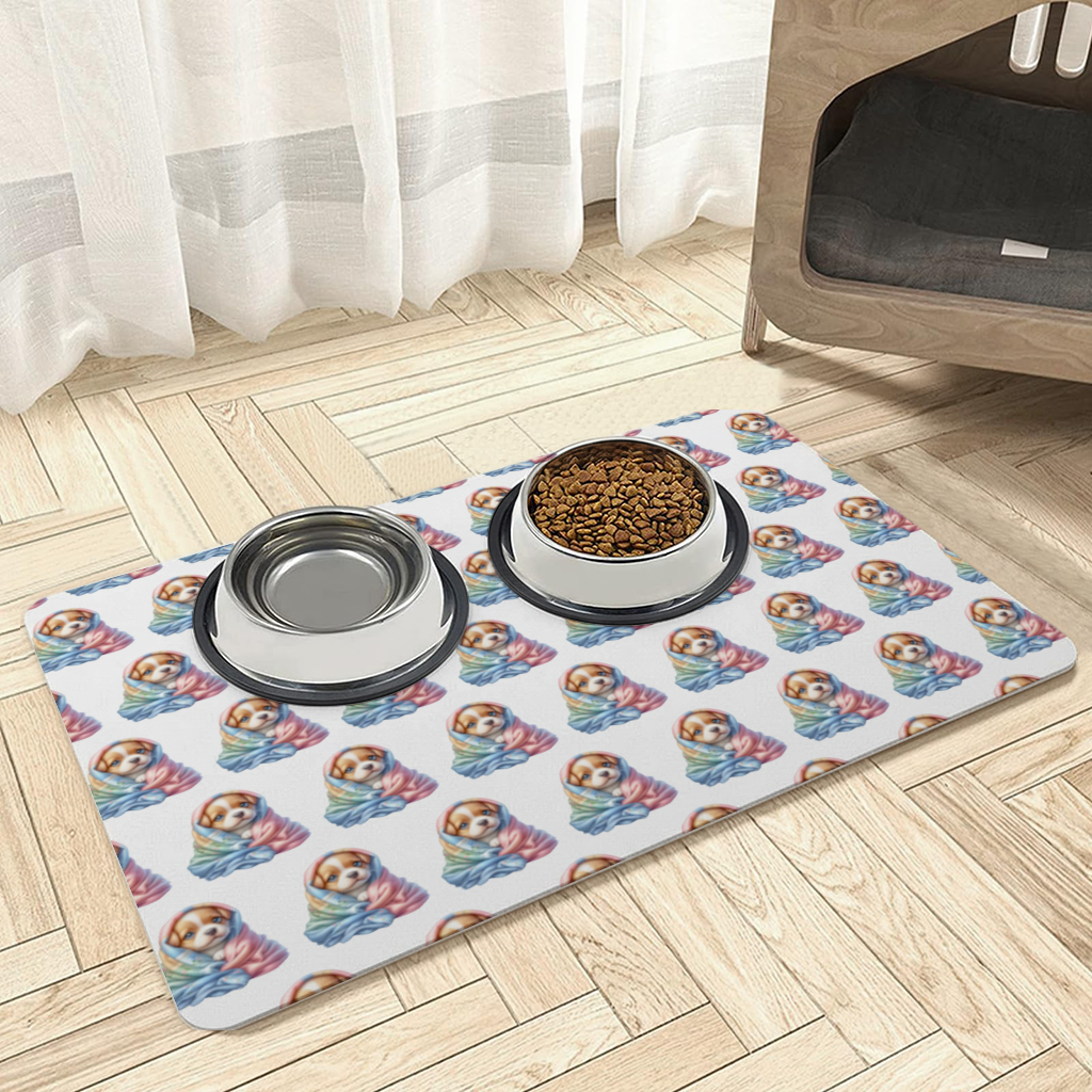 Cute Puppy Wrapped in Colorful Blanket Pet Feeding Mat