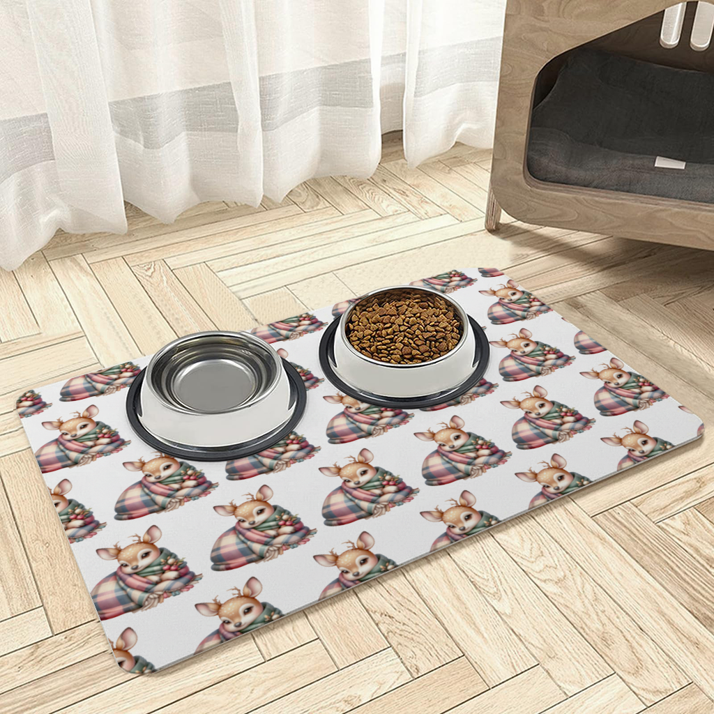 Kawaii Baby Deer with Plaid Scarf Pet Feeding Mat